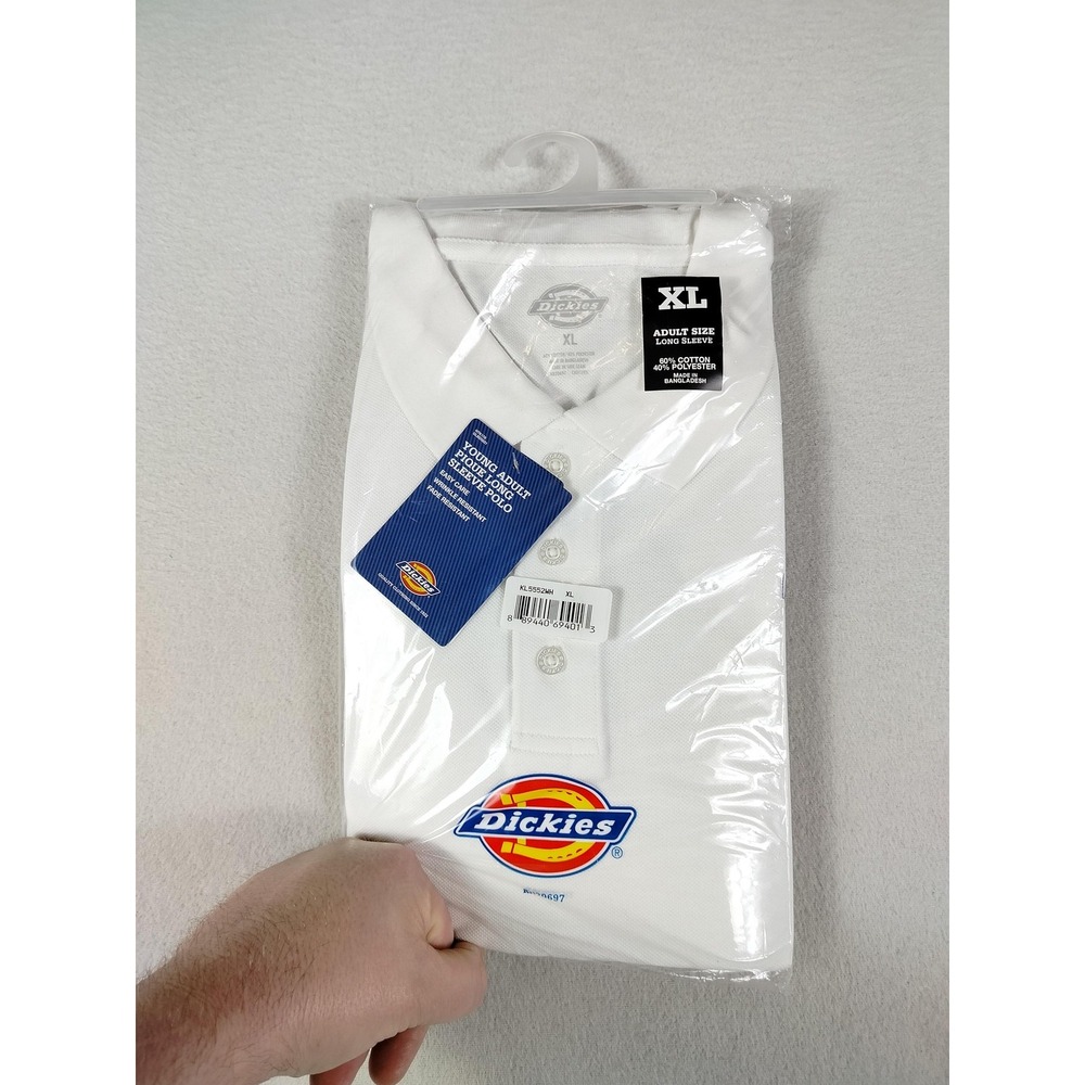 Dickies Polo Shirt Youth XL White Pique Long Sleeve Easy Care School KL5552WH